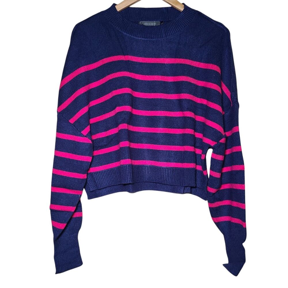 NWT Merokeety Women's Long Sleeve Crew Neck Pink Striped Crop Sweater Size Large